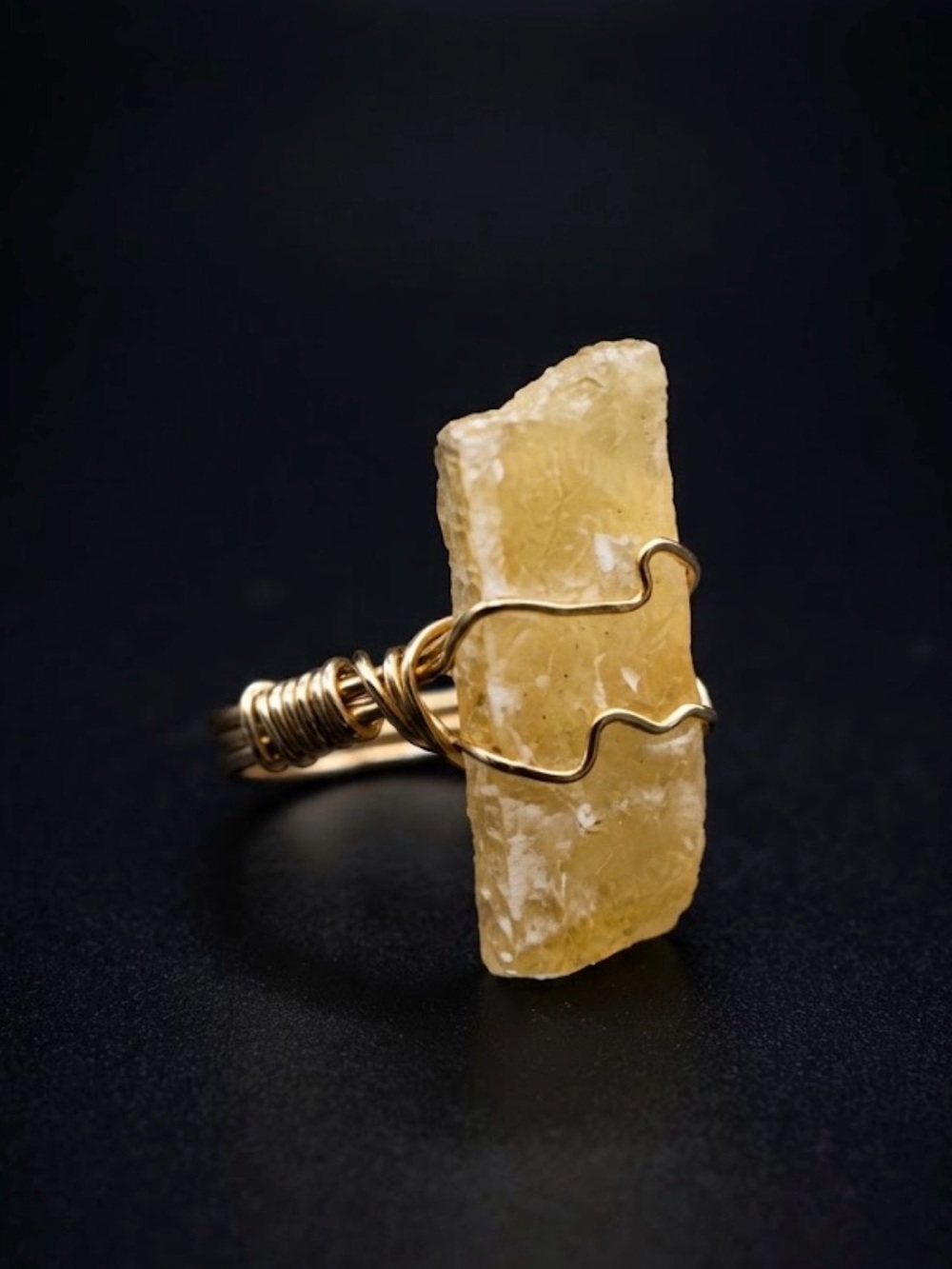 Gold Wire Wrapped Yellow Raw Honey calcite Crystal Ring size 8.5